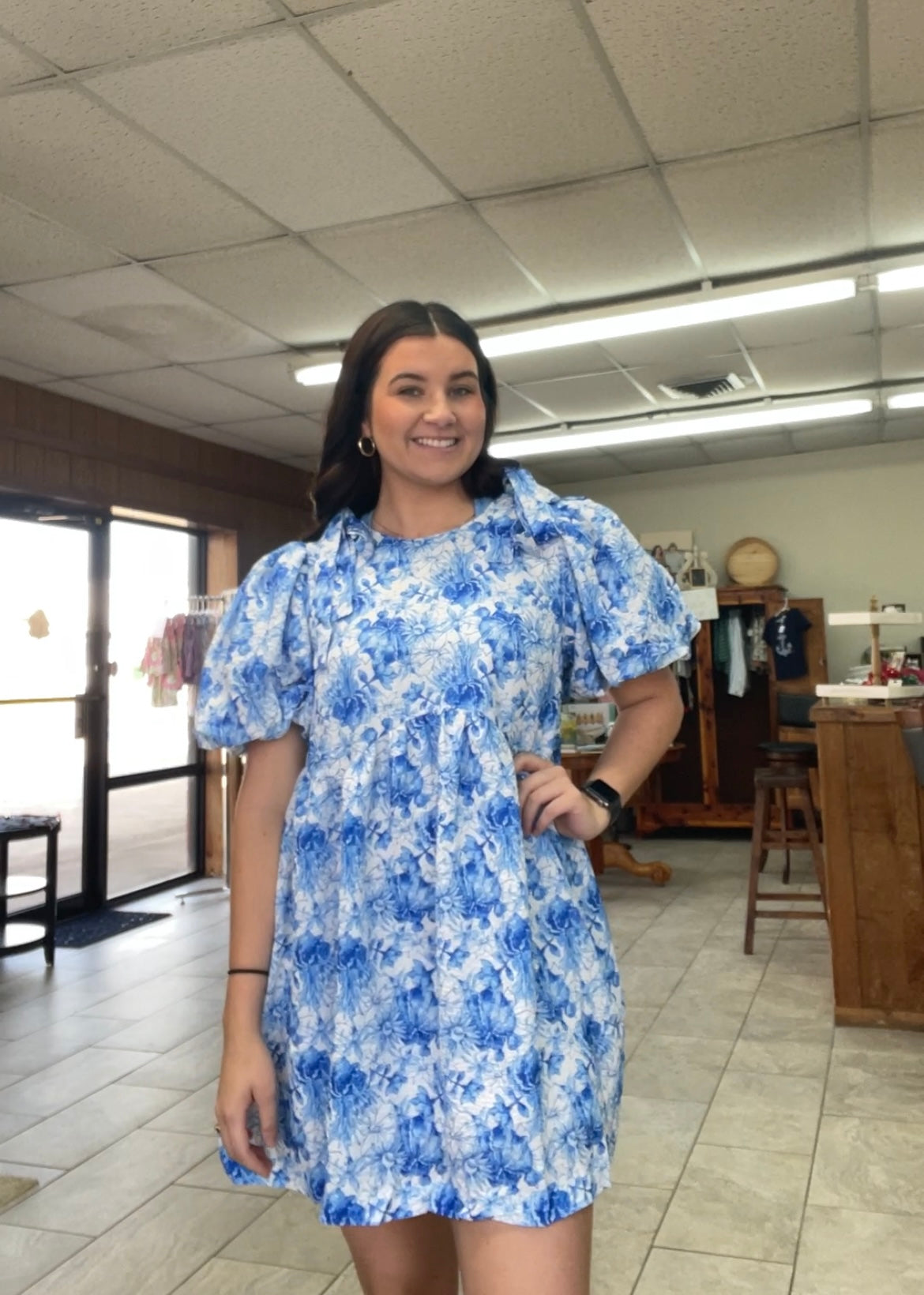 Ladies Blue and White Dress with Bow Sleeves