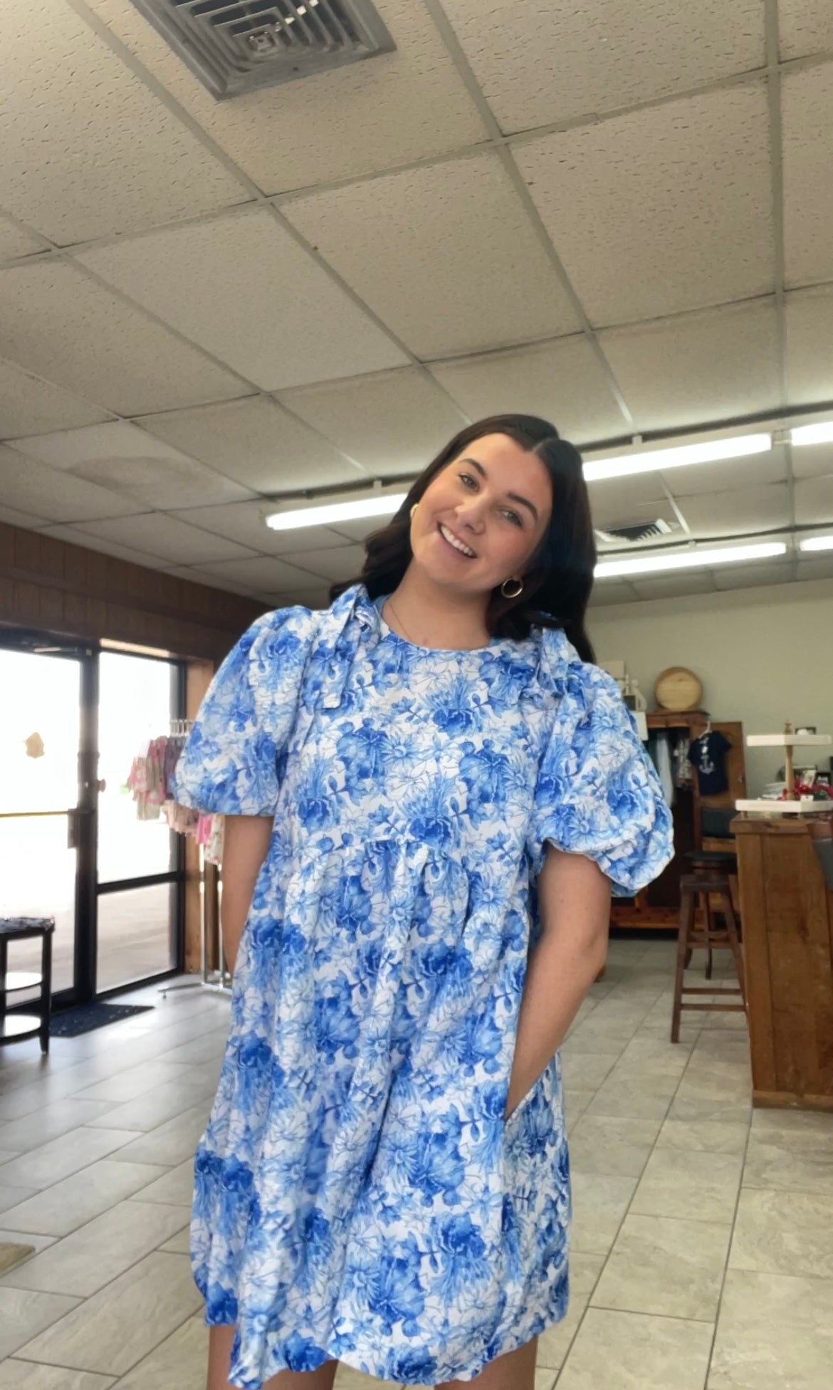 Ladies Blue and White Dress with Bow Sleeves